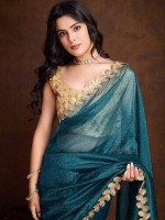 Shiny Peacock Gold Infused Twill Saree